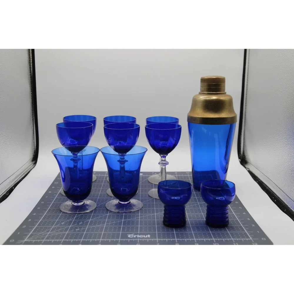 Vintage Cobalt Blue Glass Cocktail Shaker Set with 10 Glasses Gold tone Lid